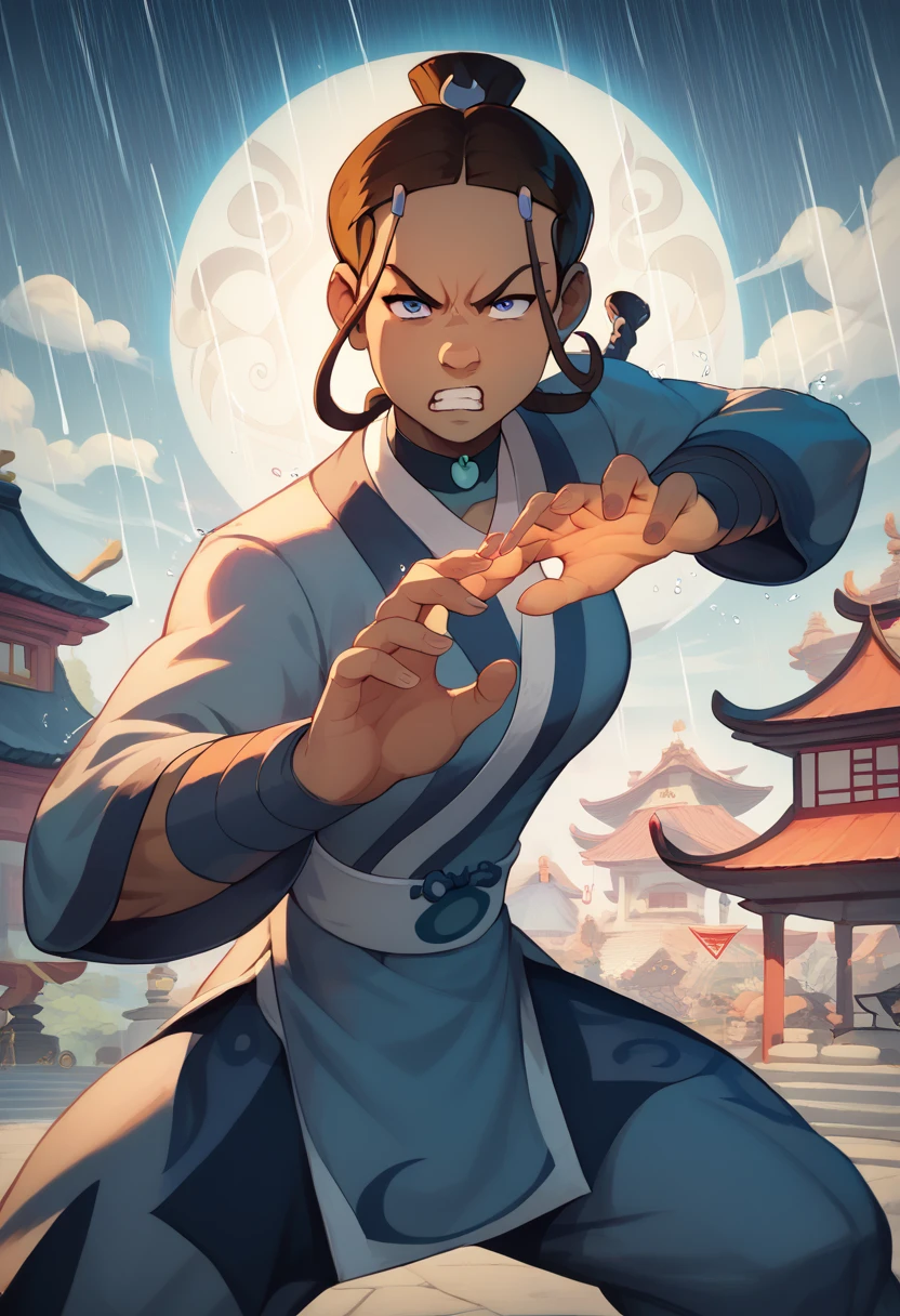 Katara waterbending, action pose, expressive fierce eyes, angry expression, dynamic movement, kung fu pose, masterpiece,  best quality, amazing art, line art, high resolution, perfect hands, perfect face, detailed background, raining, full color, chinese village background