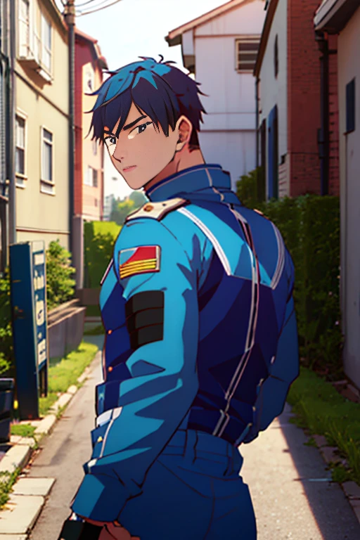 (High definition cartoon ), (  best quality ),(Overall view),Back Alley,  Japanese with a cool and handsome face,美しい若い18 years old, Prince handsome , A beautiful macho young squadron hero,  shiny squadron hero suit, 18 years old,  toned and muscular ,  cool and handsome face ,, Tall,  long hair, Long bangs