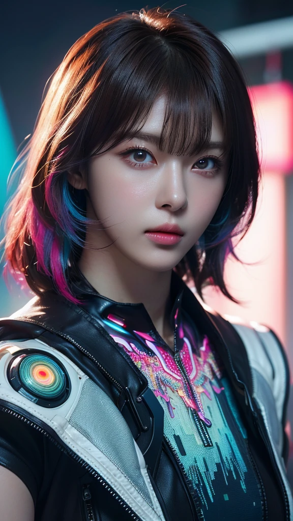 (masterpiece, highest quality, highest quality, Official Art, beautifully, aesthetic:1.2), Portrait Photography, (Cyberpunk beautiful girl 1 person), Big iridescent eyes, Beautiful skin, (Pink and blue long hair with bangs), Very detailed, (Neon colored fractal art:1.3), Perfect lighting, Sharp focus, High resolution, High resolution, High color rendering, High resolution, Super realistic,