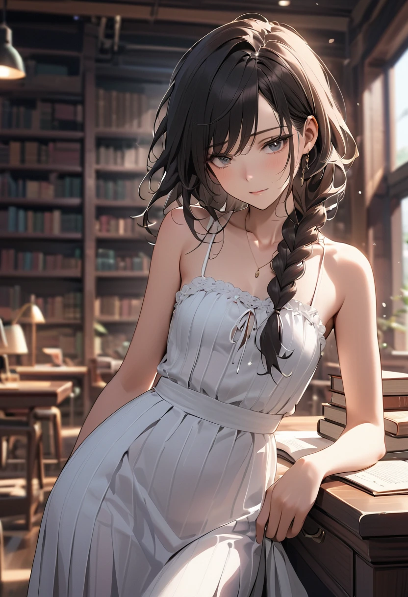 (masterpiece), (Best Quality), (Highly Details), (8k resolution), (Best Quality),male、feminine male, alone、Library、dress、Black Hair、Long braided hair、I&#39;m reading、Perfect Face、Perfect limbs、Attention to detail、Standing、desk、flat chest、I&#39;msmall smile、Sigh、Troubled face、sad、I&#39;m tired、