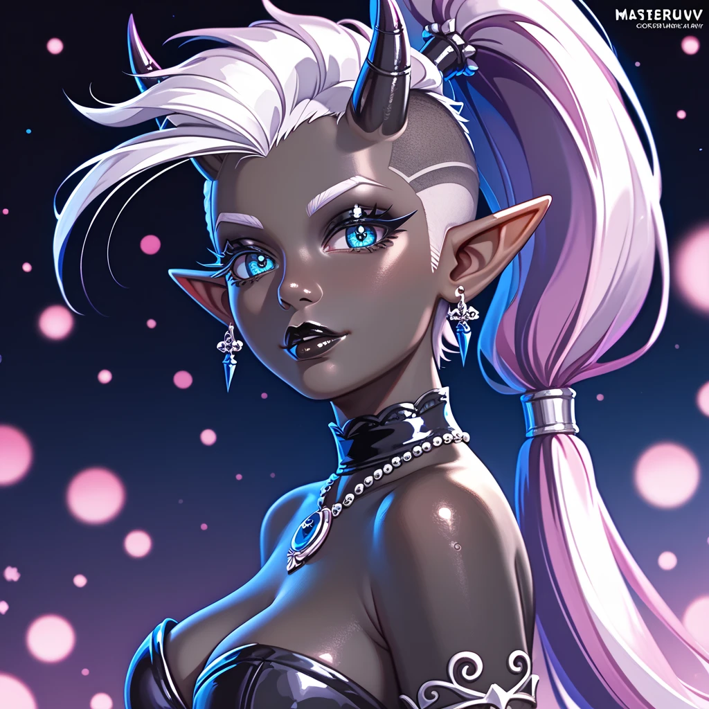 score_9, score_8_up, score_7_up, ((Masterpiece)), ((highres)), ((1person, 1girl, 1female)), Random poses, beautifully detailed succubus girl, ((white mohawk w/ponytail)), defined elf ears with ear guages, defined eyes, pastel iris, long eye lashes, defined nose, black lipstick, curvy, (((Black skin))), black demon horns, breasts, night sky, pastel gothic style, gothic style art, gothic asthetic, (((gothic dark pattern background))), bust shot,
