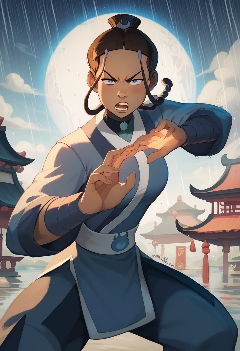 Katara waterbending, action pose, expressive fierce eyes, angry expression, dynamic movement, masterpiece,  best quality, amazing art, line art, high resolution, perfect hands, perfect face, detailed background, raining, full color, chinese village background, goregous girl, curvy, wearing water nation clothes 