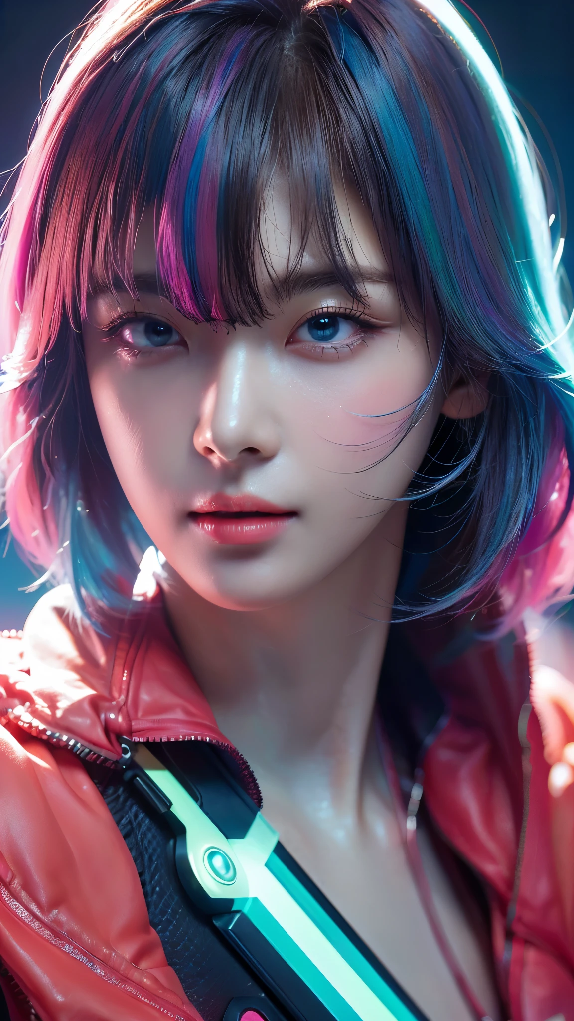 (masterpiece,  Top Quality,  Top Quality, Official Art,  beautifully , Aesthetic:1.2), Portrait, ( 1 cyberpunk babe  ),  big iridescent eyes ,  beautiful skin , (  long pink and blue hair with bangs), VERY DETAILED, ( neon color fractal art :1.3),  perfect lighting ,  Sharp focus ,  high resolution,  high resolution, High color rendering ,  high resolution, Surreal,