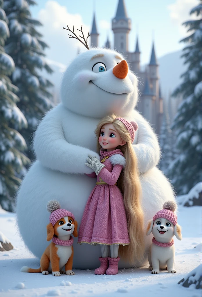  fantasy realism  、   photorealistic、 (Super giant snowman with a gentle face  _crown)、 (1 young princess 、Rapunzel、(  rose pink 、 snowwear with fur     、 is wearing a knitted hat with pompoms 、Mittens、Snow boots)、 super long blonde hair、 slim body 、 gentle smile ♪)、  ( there are dogs wearing knitted hats with pompoms )、Complex Configuration、 high definition 、Castle and coniferous forest background  、  (The snowman is holding her )+++、   warm atmosphere   