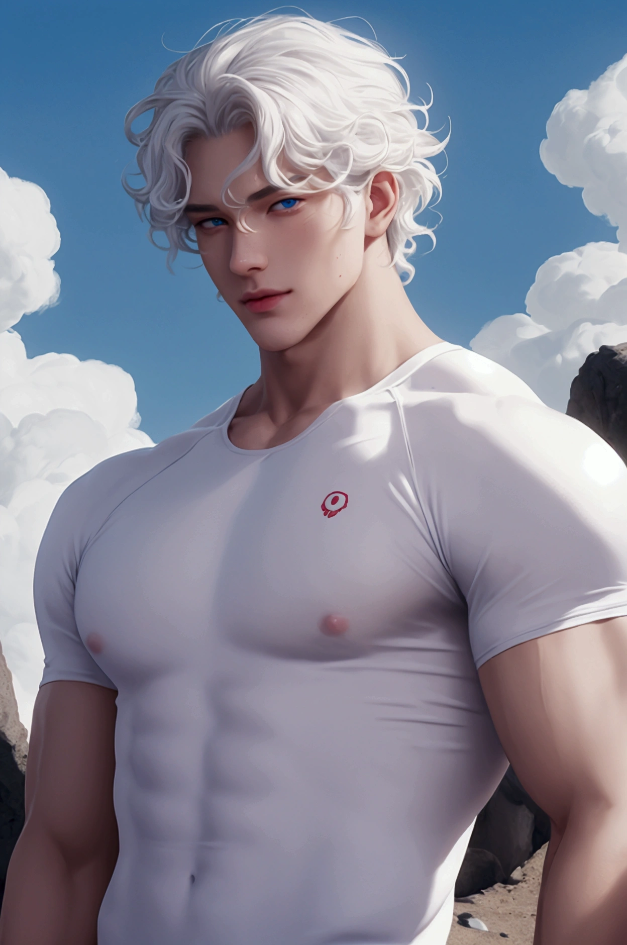 (( straight face picture )) ((best quality)), ((Masterpiece)), (details), young man, Big one, Whole body ,white hair , blue eyes , naked ,Revealing a large penis, male nationality ,see the whole body