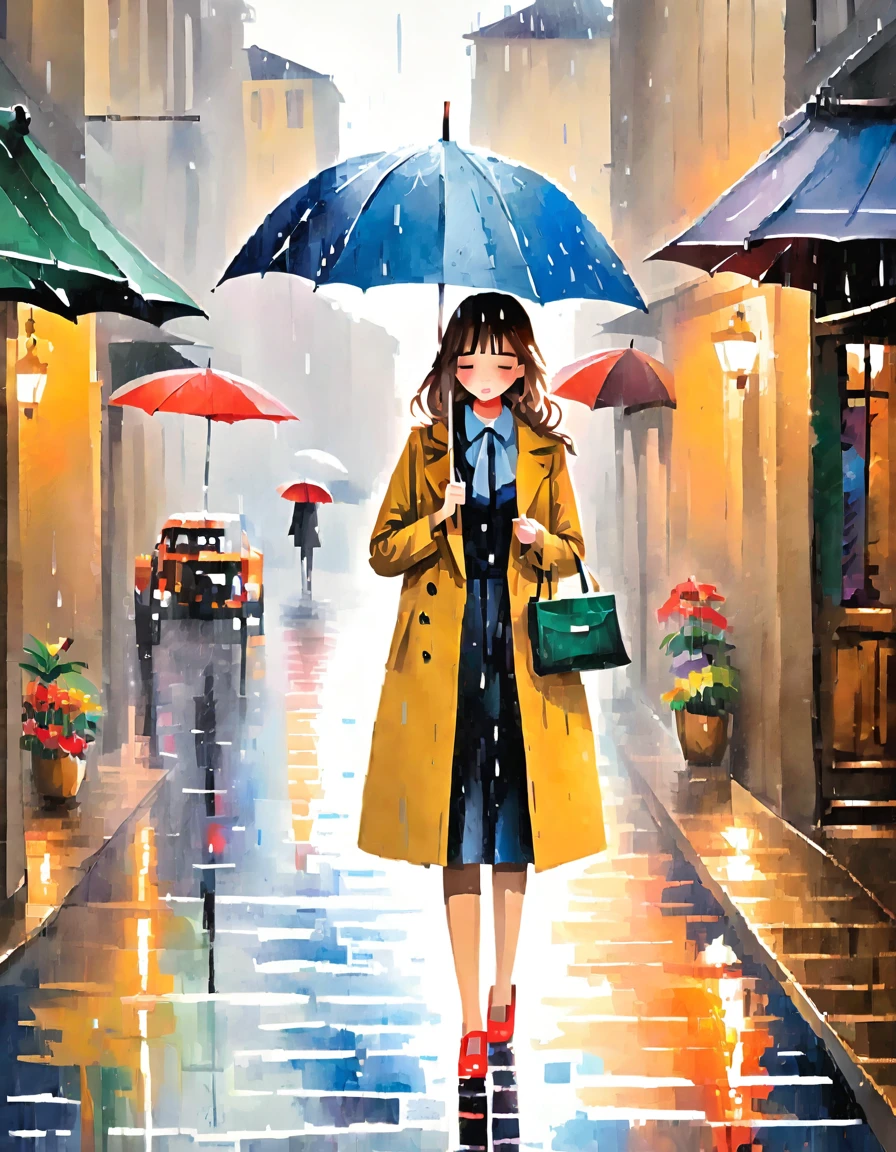 Sad woman with an umbrella walking under the rain, holding blue umbrella, canvas art print, under rain, girl standing in the rain, in the rain, when kindness falls like rain, rainy day, painted illustration poster