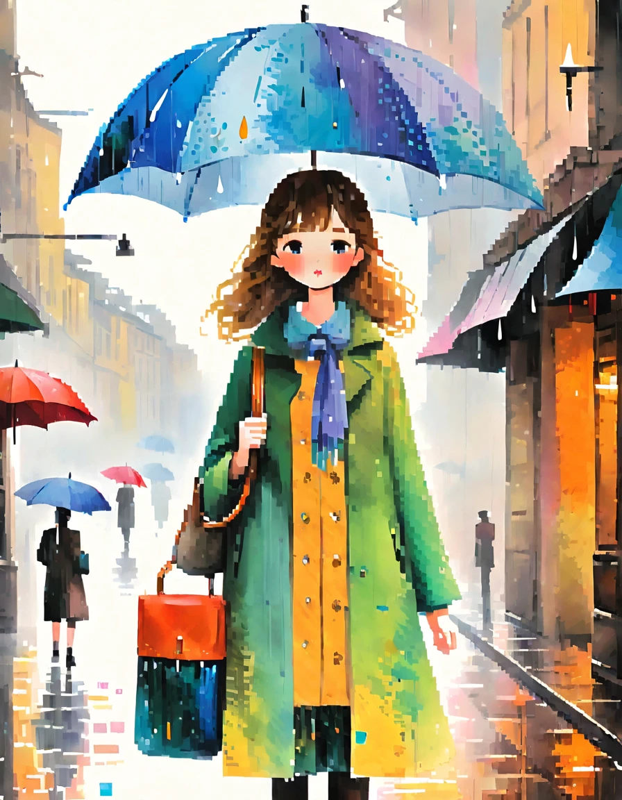 Sad woman with an umbrella walking under the rain, holding blue umbrella, canvas art print, under rain, girl standing in the rain, in the rain, when kindness falls like rain, rainy day, painted illustration poster