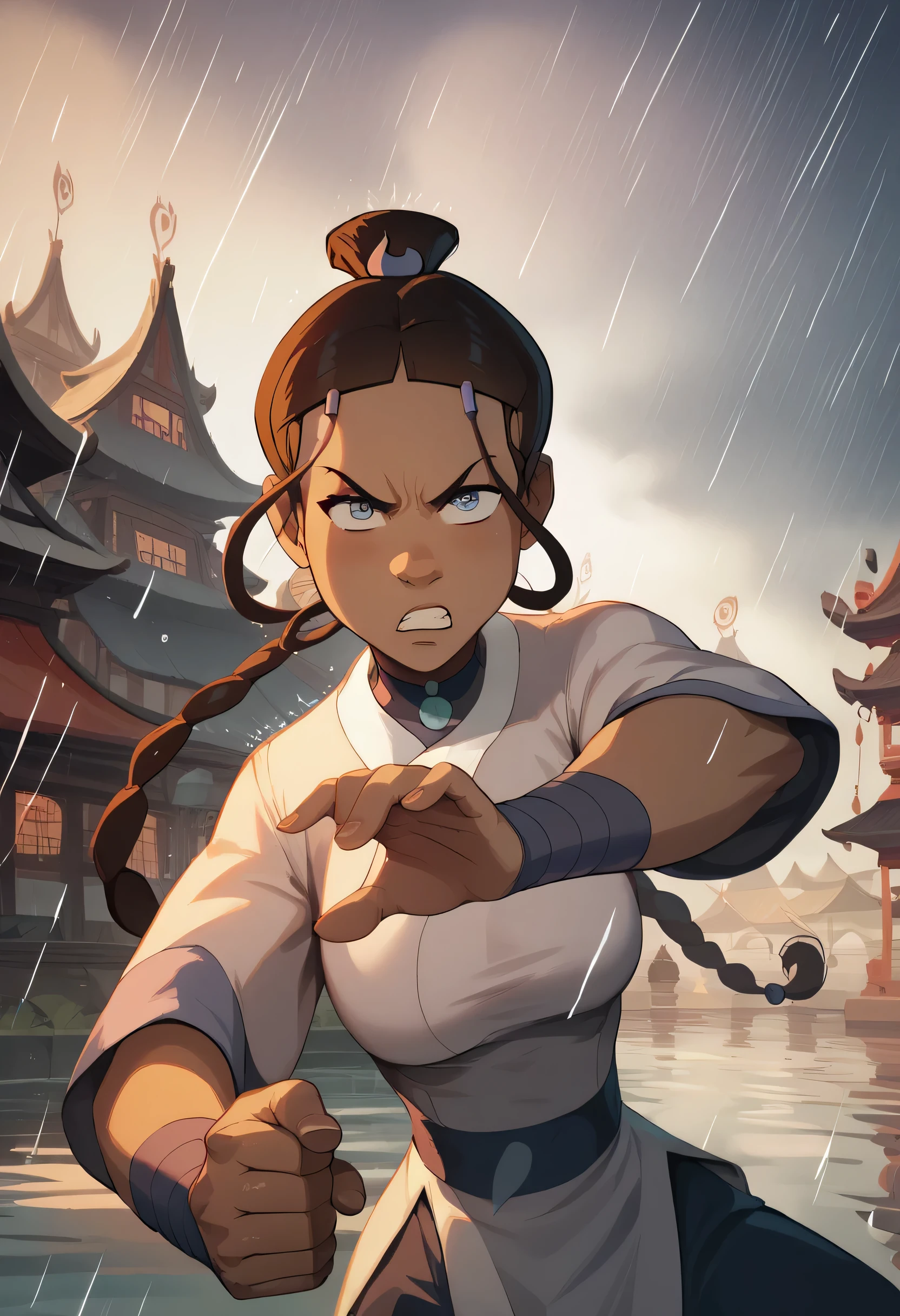 Katara waterbending, action pose, expressive fierce eyes, angry expression, dynamic movement, masterpiece,  best quality, amazing art, line art, high resolution, perfect hands, perfect face, detailed background, raining, full color, chinese village background,  wearing water nation clothes, curvy, goregous girl