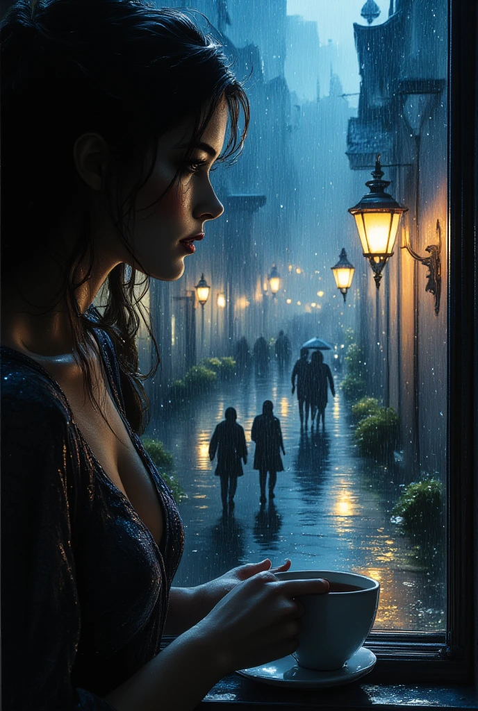 2D HYPERREALISTIC ILLUSTRATION woman looking out the window with a cup of coffee ,  sees people walking with umbrellas down the street illuminated by a lantern,  torrential rain , puddles on the street , The glass has drops of water falling , chiaroscuro, cinematic lighting, UHD, Retina,  masterpiece , Accurate, Super detail, high details,  high quality ,  award winning , best quality, highres, HD, anatomically correct, textured skin, ULTRALONG ВЫДЕРЖКА