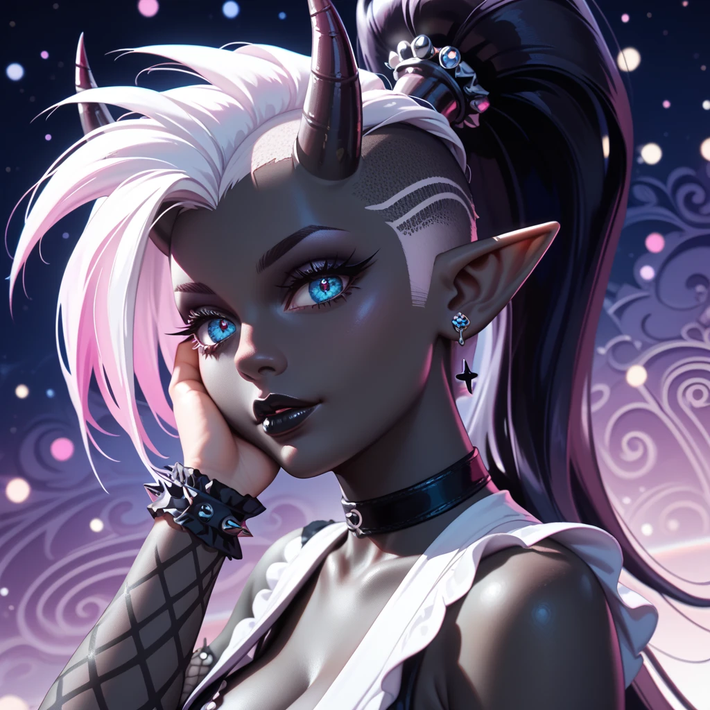 score_9, score_8_up, score_7_up, ((Masterpiece)), ((highres)), ((1person, 1girl, 1female)), Random poses, beautifully detailed succubus girl, ((white mohawk w/ponytail)), defined elf ears with ear guages, defined eyes, pastel iris, long eye lashes, defined nose, black lipstick, curvy, (((Black skin))), black demon horns, breasts, night sky, pastel gothic style, gothic style art, gothic asthetic, (((gothic dark pattern background))), bust shot,
