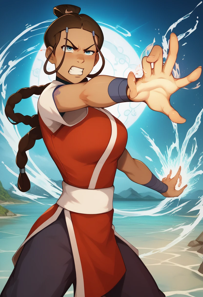 Katara waterbending, action pose, expressive fierce eyes, angry expression, dynamic movement, kung fu pose, masterpiece,  best quality, amazing art, line art, high resolution, perfect hands, perfect face, detailed background, side view, curvy, wearing water nation clothes, full color, 