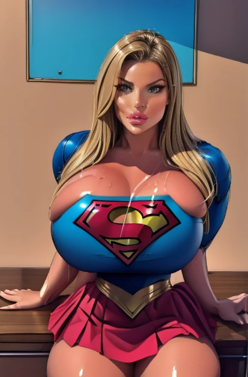  Supergirl Costume, blonde,  sexy body on the desk,   man in miniskirt , big , Face wet with saliva 