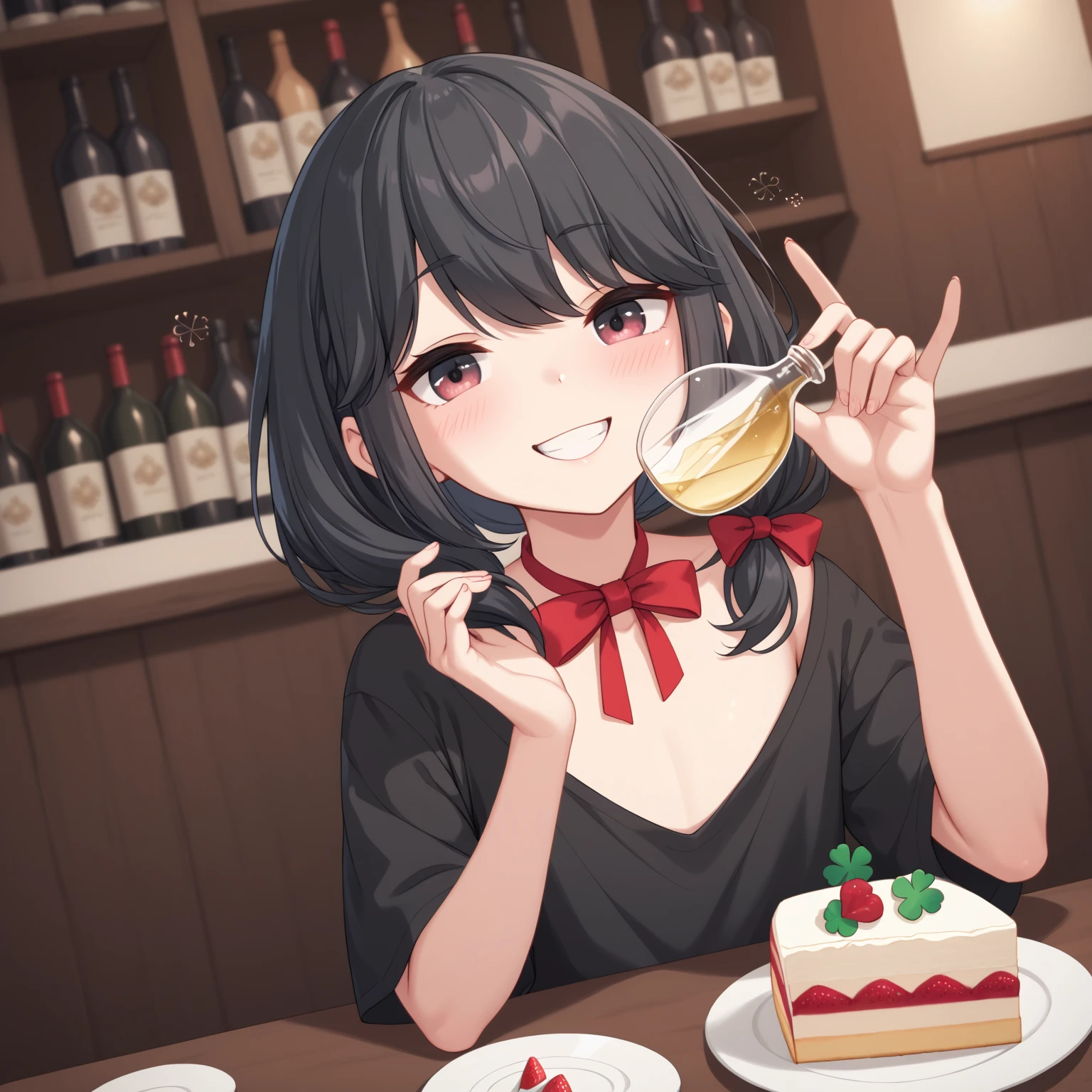  (8k), (  very detailed), (   best illustration  ), . flat chested。 black shirt 。  big red ribbon barrette。Four leaf clover in hair 。adult。 black hair。Shima Rin, cake。Four leaf clover in hair。 medium hair 。 drinking wine 。Being drunk。smile。adult。 casual