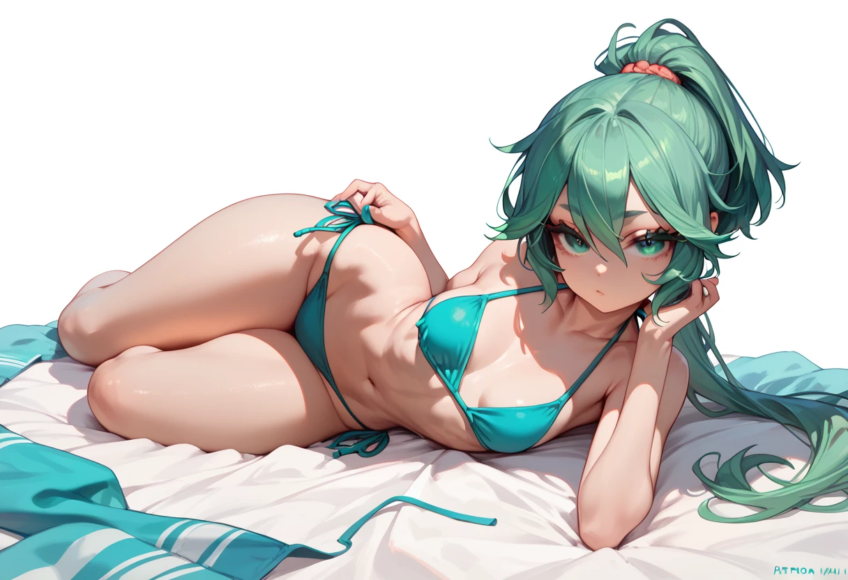  (white background), (full body), (tatsumai, green hair, short girl, wide hips, big thighs, small breasts, seductive, sexy, ponytail, lined eyes, big eyelashes, laying, bikini, one breast exposed)