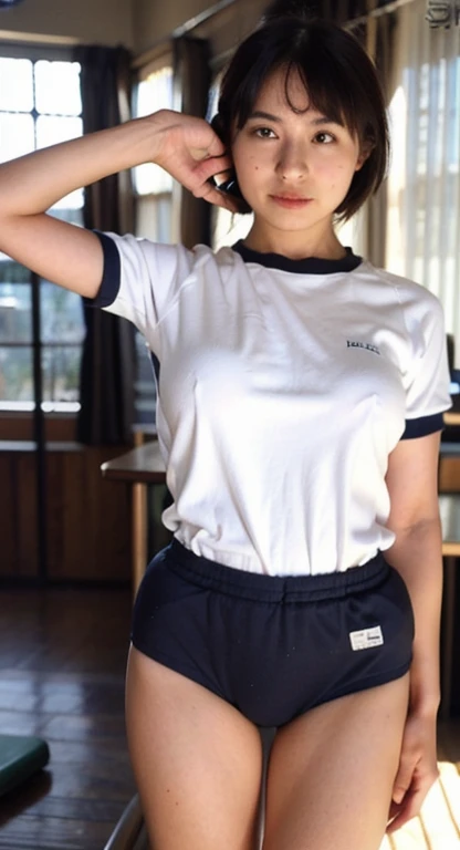 ((highest quality)), (Japanese Girls), (Familiar:1.4), 。.。.。.3D,(High Dynamic Range),Ray Tracing,NVIDIA,Super Resolution,Unreal 5,,Two-tone lighting,wide aperture,Low ISO、ponytail, (smile:0.7), Suggestive, (Gym clothes on white,Navy Blue Bloomers),shirt lift, (bangs),In the classroom