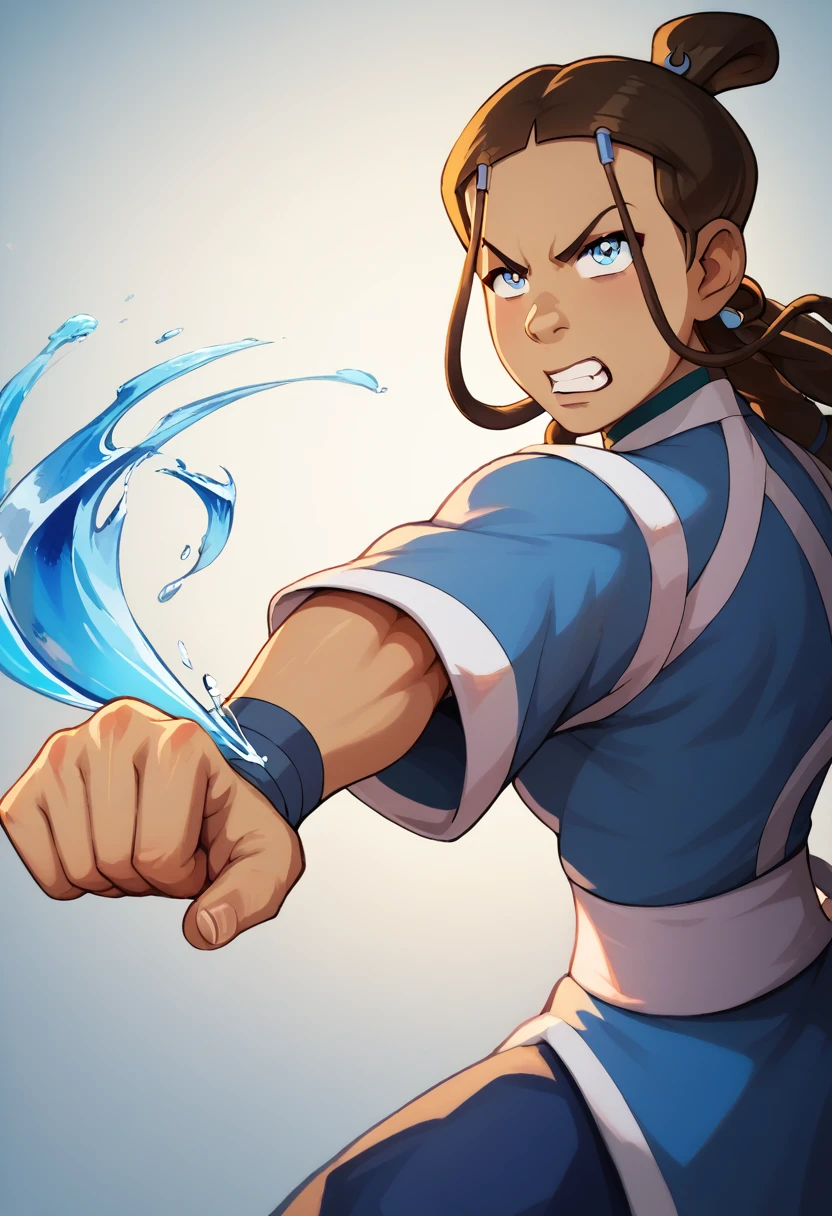 Katara waterbending, action pose, expressive fierce eyes, angry expression, dynamic movement, kung fu pose, masterpiece,  best quality, amazing art, line art, high resolution, perfect hands, perfect face, detailed background, side view, curvy, wearing blue water nation clothes, full color, 