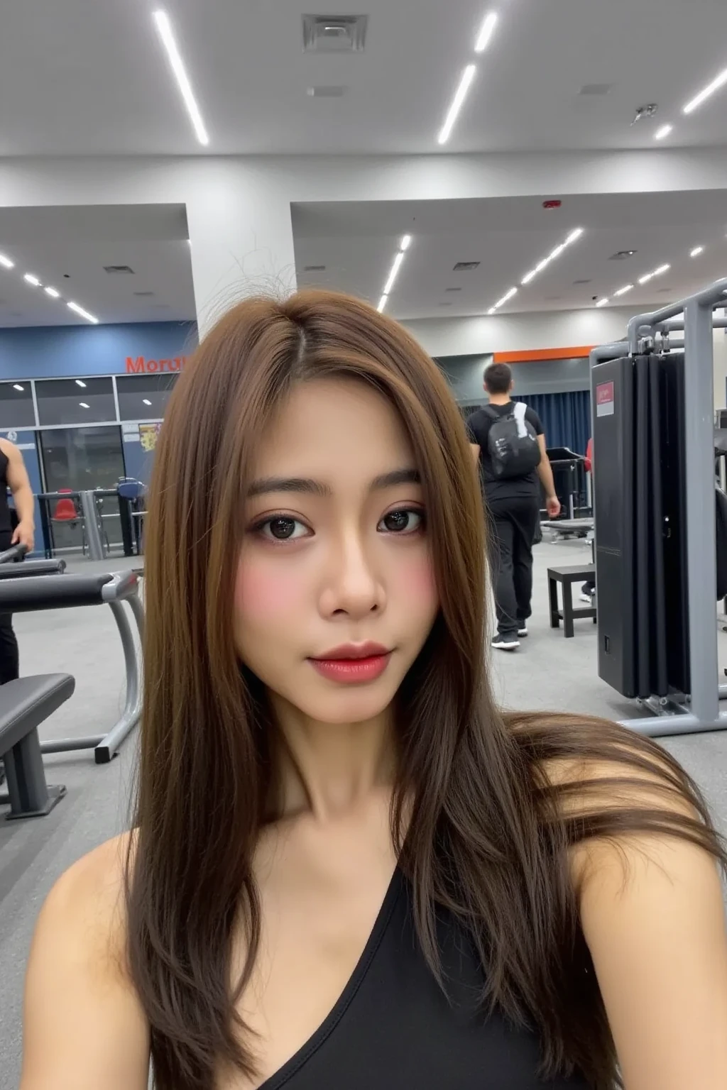 With a single ponytail  。In the morning, wear an autumn-inspired fashion brand sports suit at the luxury gym。。 Cute selfie from a first perspective   。