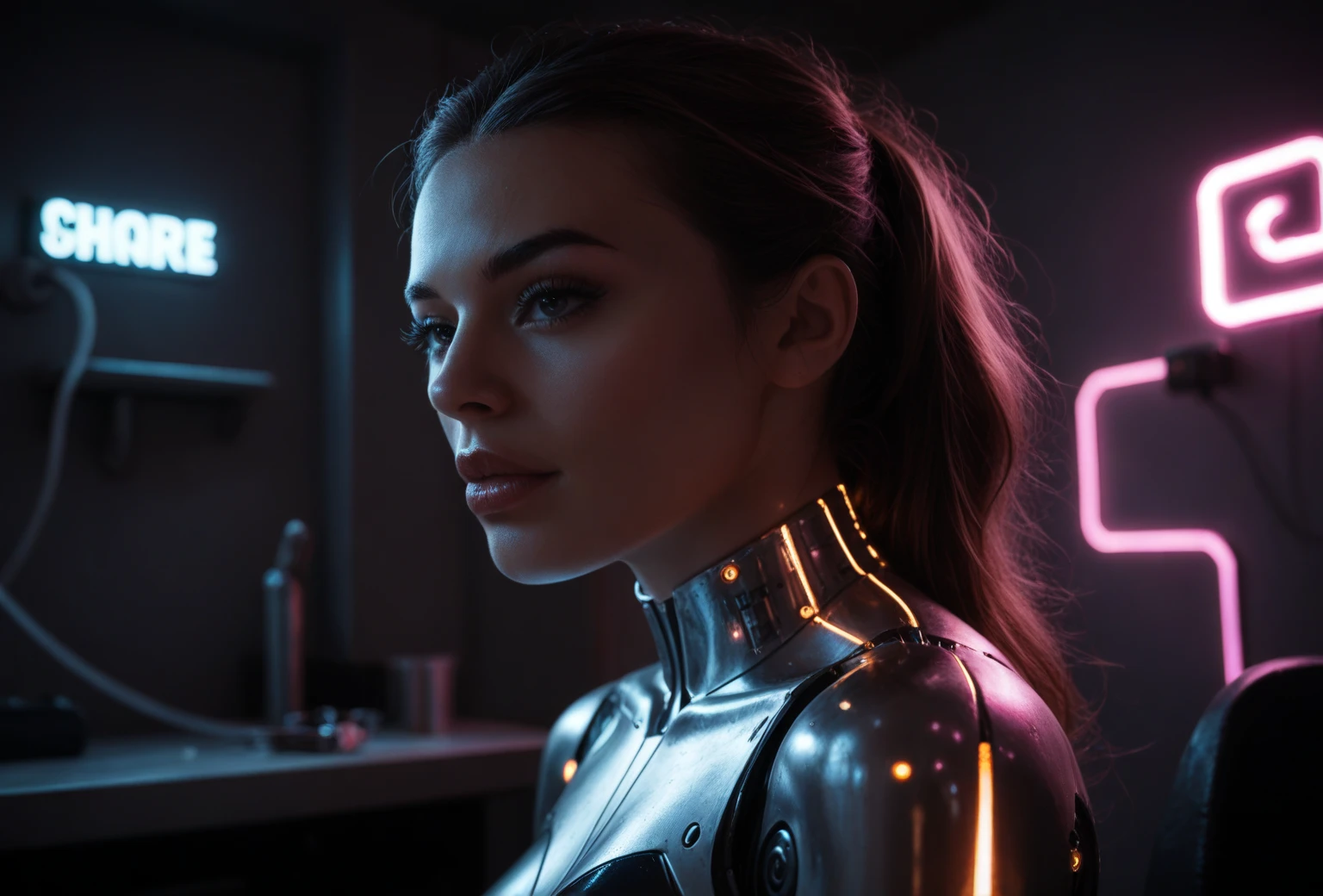 a woman half robot, wires and machines, sitting on a chair with a glowing uniform, being interrogated, viewed from the side, in a dark and industrial room, 1 woman, beautiful detailed eyes, beautiful detailed lips, extremely detailed face and eyes, long eyelashes, realistic, photorealistic, cinematic lighting, dark moody atmosphere, dramatic lighting, dramatic pose, sci-fi, high contrast, vibrant colors, neon lights, chrome, futuristic, intricate details, hyper realistic, 8k, best quality, masterpiece