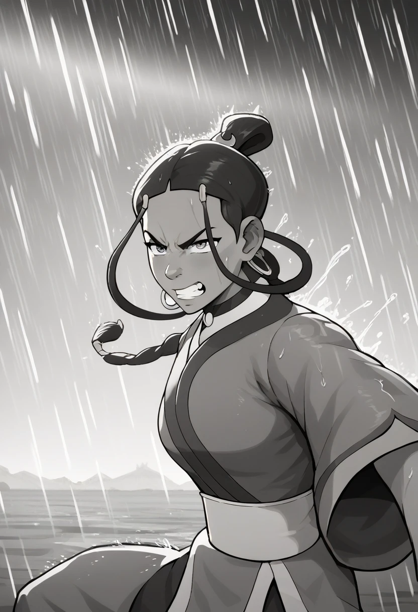 Katara waterbending, action pose, expressive fierce eyes, angry expression, dynamic movement, kung fu pose, masterpiece,  best quality, amazing art, line art, high resolution, perfect hands, perfect face, detailed background, side view, curvy, wearing water nation clothes, black and white, raining, chinese village background