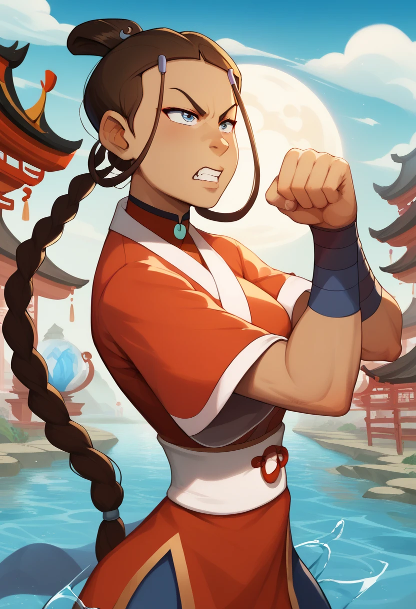 Katara waterbending, action pose, expressive fierce eyes, angry expression, dynamic movement, kung fu pose, masterpiece,  best quality, amazing art, line art, high resolution, perfect hands, perfect face, detailed background, side view, curvy, wearing blue water nation clothes, full color, chinese village background 