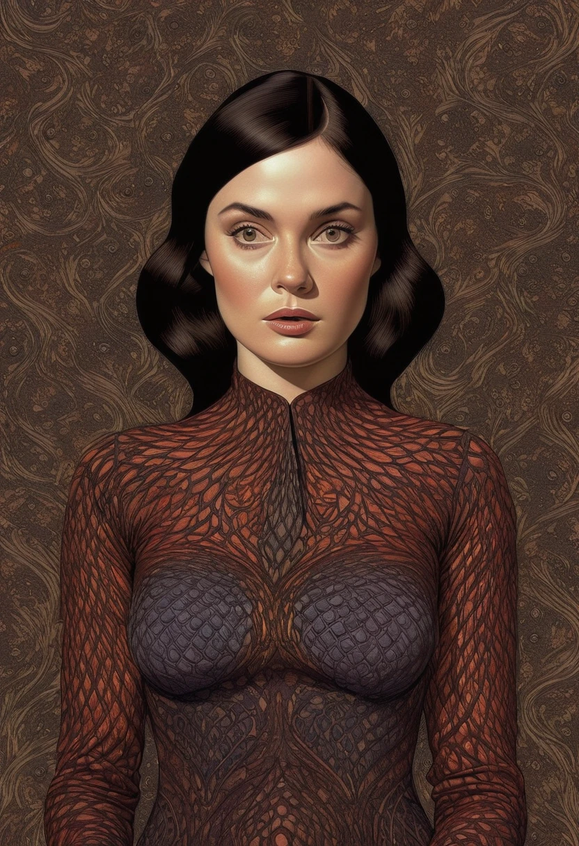 1 dark brunette haired beautiful woman, (Strange but very beautiful:1.4),(masterpiece, Best Quality:1.4), Woven Art,((Eric Madigan Hextile Page)),illustration,drawing,overview,bold overview,Tattoo Design ,Alex Gross Style Page、Surreal、Full Color、Deep Shadows、Best Quality