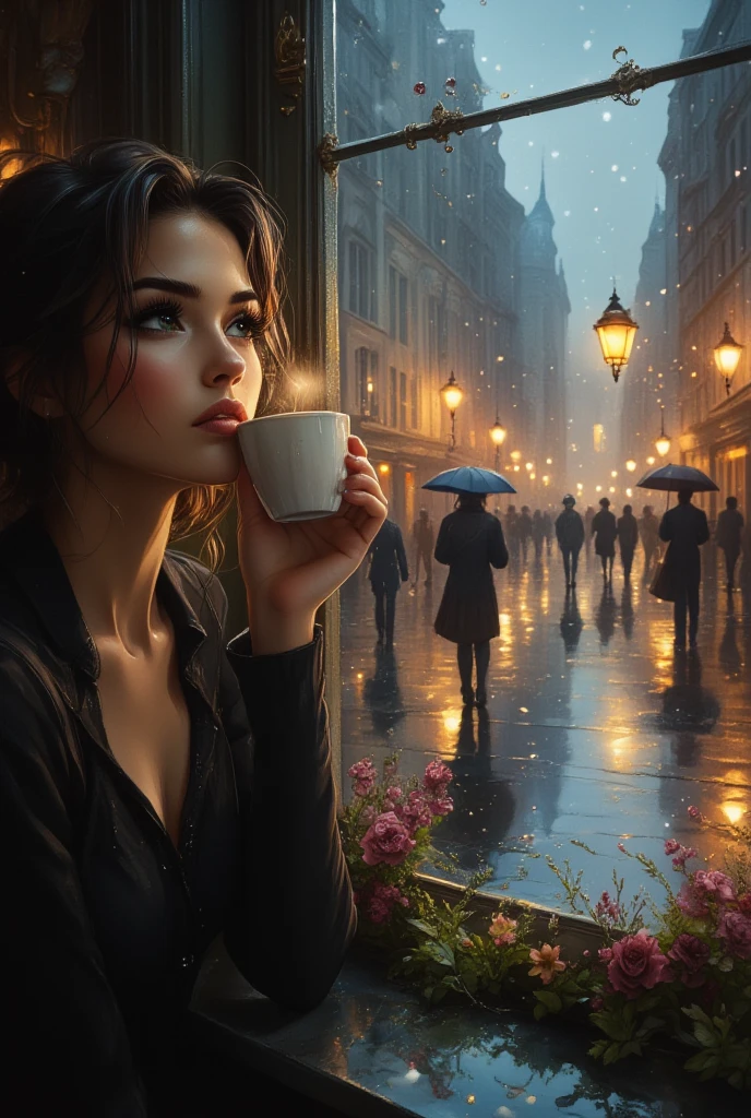 2D HYPERREALISTIC ILLUSTRATION woman looking out the window with a cup of coffee , sees people walking with umbrellas down the street illuminated by a lantern, torrential rain , puddles on the street , The glass has drops of water falling , chiaroscuro, cinematic lighting, UHD, Retina, masterpiece , Accurate, Super detail, high details, high quality , award winning , best quality, highres, HD, anatomically correct, textured skin, ULTRALONG ВЫДЕРЖКА