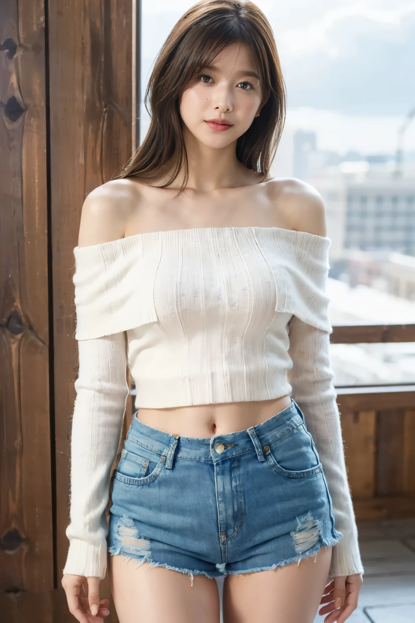 Central chest, beautiful and amazing eyes, (Long Hair:1.2), (8k,  best quality, masterpiece:1.2), (Realistic, Realistic:1.37),  Very detailed,  1 girl, cute, Alone,(White off-the-shoulder knit and distressed denim shorts:1.2)、belly button、Look forward, is showing the whole body, sexy girl portrait, Blue sky and clouds,Around town、smile、