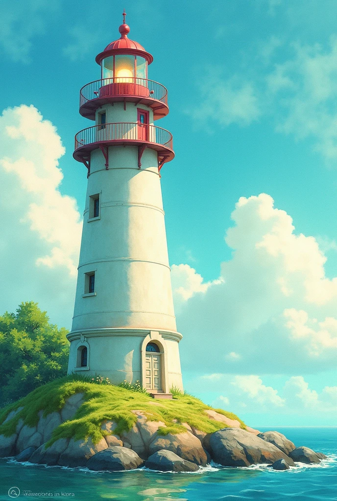 (watercolor painting of a lighthouse), studio ghibli style, anime vibes, richly detailed brushstrokes, masterpiece art, serene coastal scenery, soft sea blues, gentle green hues, warm golden sunlight, enchanted and whimsical atmosphere, **cinematic high depth**, ultra-detailed, subtle misty background, hand-painted look, vibrant color palette, dynamic lighting