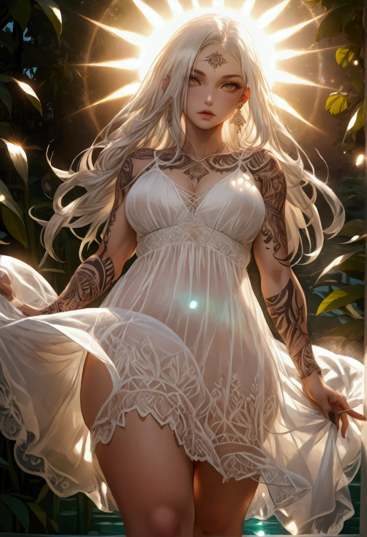 Create a hyper detailed photograph of a tattooed young sexy , Stunningly perfect gorgeous feminine face, perfect makeup, detailed vibrant eyes, platinum  dutch hair, long detailed beautiful legs, detailed beautiful  arms, big thighs, detailed silky smooth skin, large natural perky breast, thick round ass, white thin transparent sundress, facing viewer, sun rays illuminating the dress,