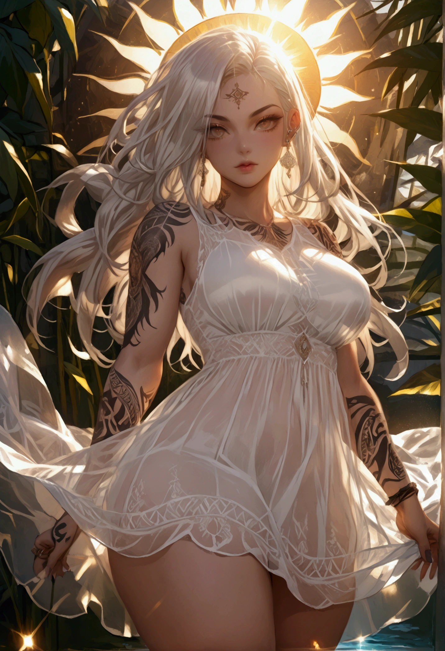 Create a hyper detailed photograph of a tattooed young sexy , Stunningly perfect gorgeous feminine face, perfect makeup, detailed vibrant eyes, platinum  dutch hair, long detailed beautiful legs, detailed beautiful  arms, big thighs, detailed silky smooth skin, large natural perky breast, thick round ass, white thin transparent sundress, facing viewer, sun rays illuminating the dress,