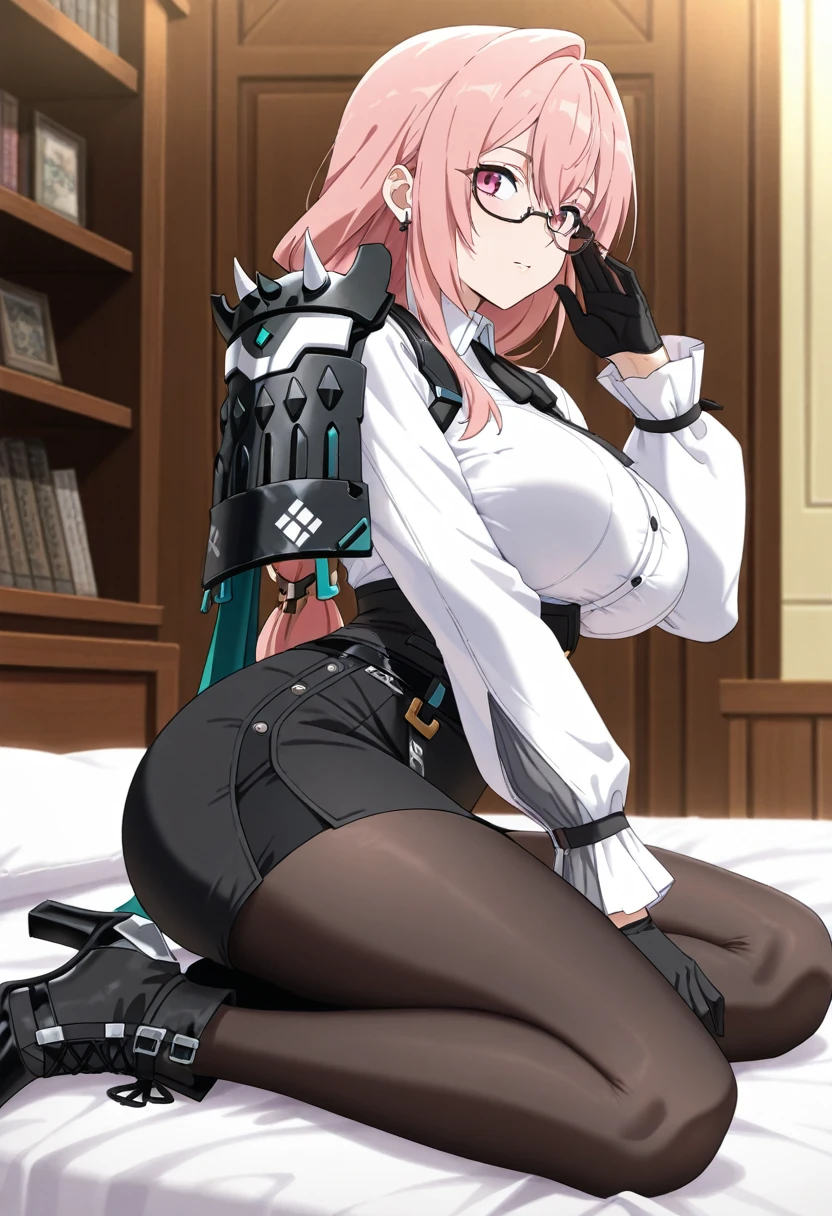 masterpiece, very aesthetic, absurdres, anime coloring:1.1), 1girl, solo, Z_YCL,pink hair,glasses,pink eyes , black gloves,high heels,skirt,white shirt,long sleeves,black skirt,large breasts,shoulder armor