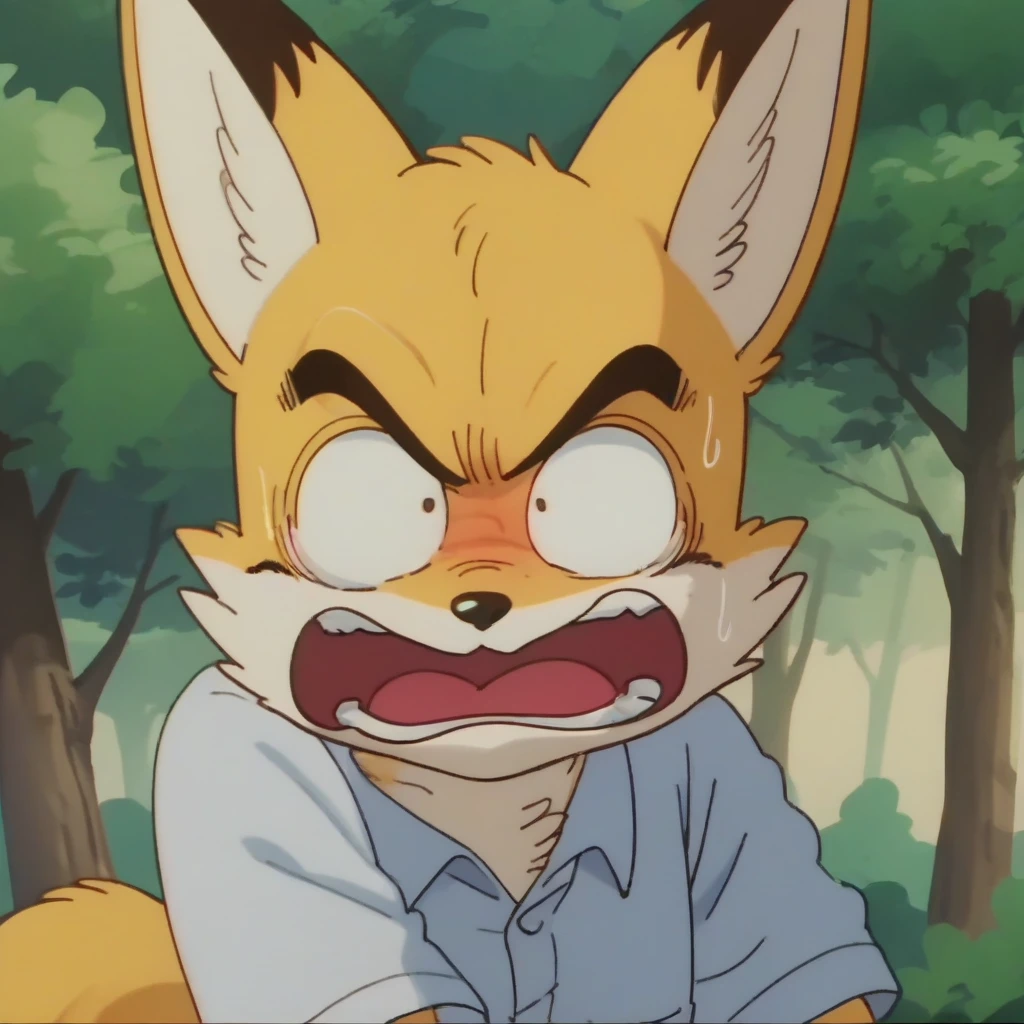 anime screencap,drgbls1, solo, anthro mobian  fox,male, tails the fox_9, score_8_up, score_7_up, score_6_up, forest, upper body, yellow fur, feeling scared, FEAR