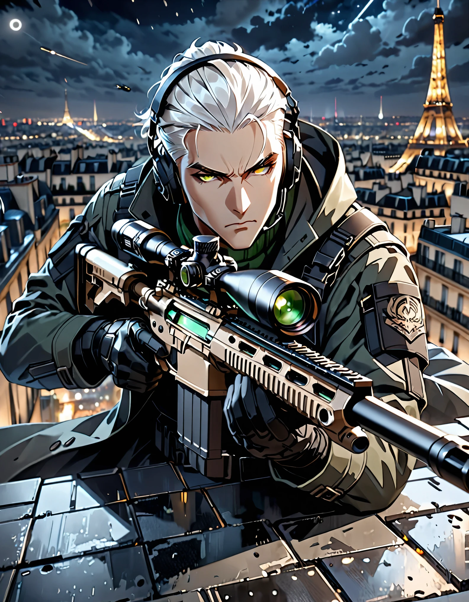 best quality, masterpiece, hires, highly detailed, 8k, 1male, male focus, solo focus, professional assassin, white hair, brown eyes, slicked-back hairstyle, cybernetic eye, green turtleneck sweater, dark grey trench coat, tactical headset, black tactical gear, holding a sniper rifle, rooftop, nighttime, Paris backdrop, indoors, serious and grim expression, depth of field, noir atmosphere