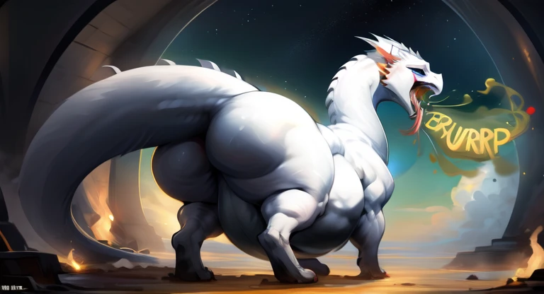 White body furry feral dragon gorgeous eyes, whole body, curvy, huge ass, very big ass, wide hips, thicc thighs, looming dynamic pose, big belly burping