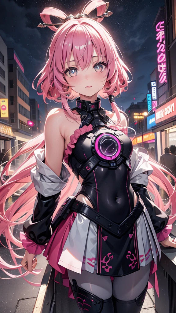 portrait,  1 girl,  pretty face ,  asymmetrical hair,  pink hair, happy，Charm，sash,  Bodysuit , Cover your mouth,  cover navel ,  separated sleeve ,  grey eyes ,  hip vent , Slit Jacket,  charming,  watching the audience, Night City, neon, rain,