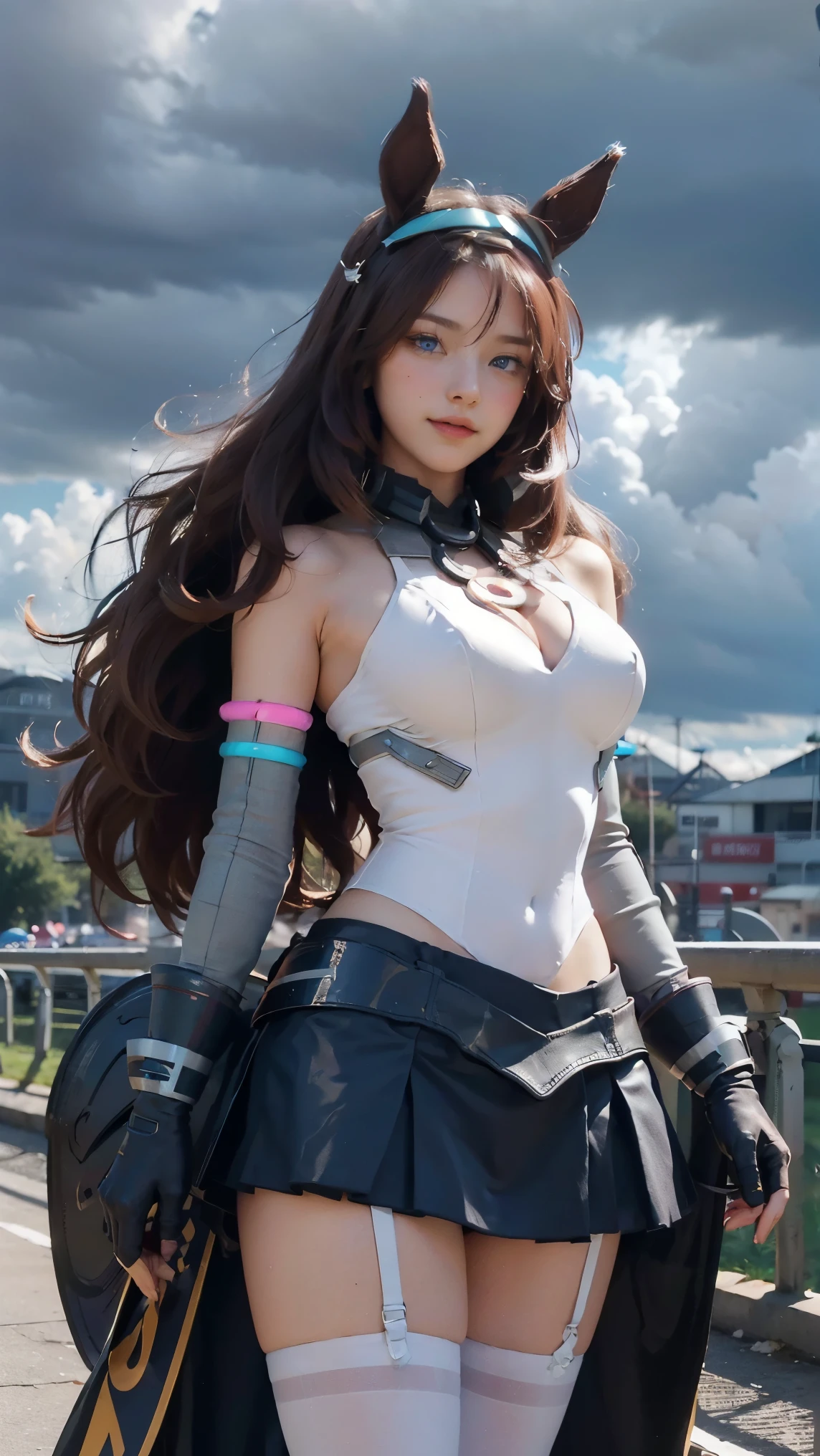 Mihono bourbon,(best qualityer,4K,8k,high resolution,work of art:1.2)(weather: cloudy), Mondstadt city background, horse racetrack, freckles, tight white leotard, white micro skirt, thigh high stockings, high heels, necktie, white elbow lobg gloves, horse ears, mechanical bracelets, mechanical armor, side waist mechanical wheels, headband, long wavy hair, brown hair, ultra detailed, realistic,portraite,beautiful detailed blue eyes, glowing eyes,blush,beautiful detailed lips,extremely detailed eye and face, long eyelashes,sexly,average, large breasts,beaming smile, sexy smile,powerful girl, sexy pose, stunning curves,bright coloured,dramatic lighting,