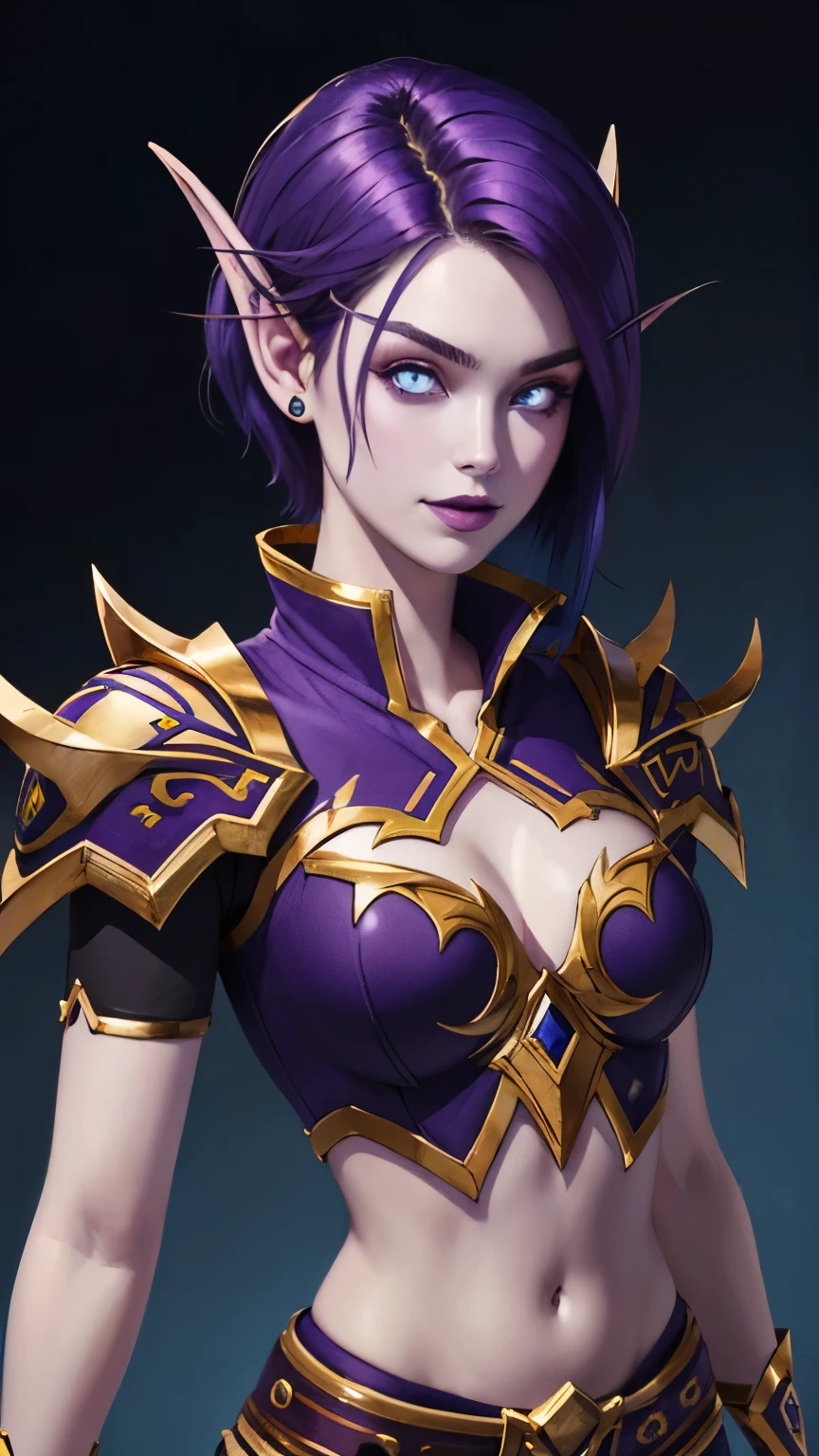 (8K, highest quality, masterpiece:1.2), High resolution, masterpiece, break, beautiful woman, beautifully mouth, highly beautiful eyes and face, beautiful fine eyes, upper body, slim body, 20 years old girl, (1girl, purple hair, short hair, spiral eyes, lustful eye, purple lip, smirk) (digital) (looking at viewer), (Purple Spaces background)), best quality, blue eyes, pointy ears, colored skin, blue skin, purple shoulderpads, gold trim on the shoulderpads, dark Purple shirt:1.3, cleavage, cloth shirt, black Sleeves:1.2, crop top, navel, gold trim on shirt, voidelf