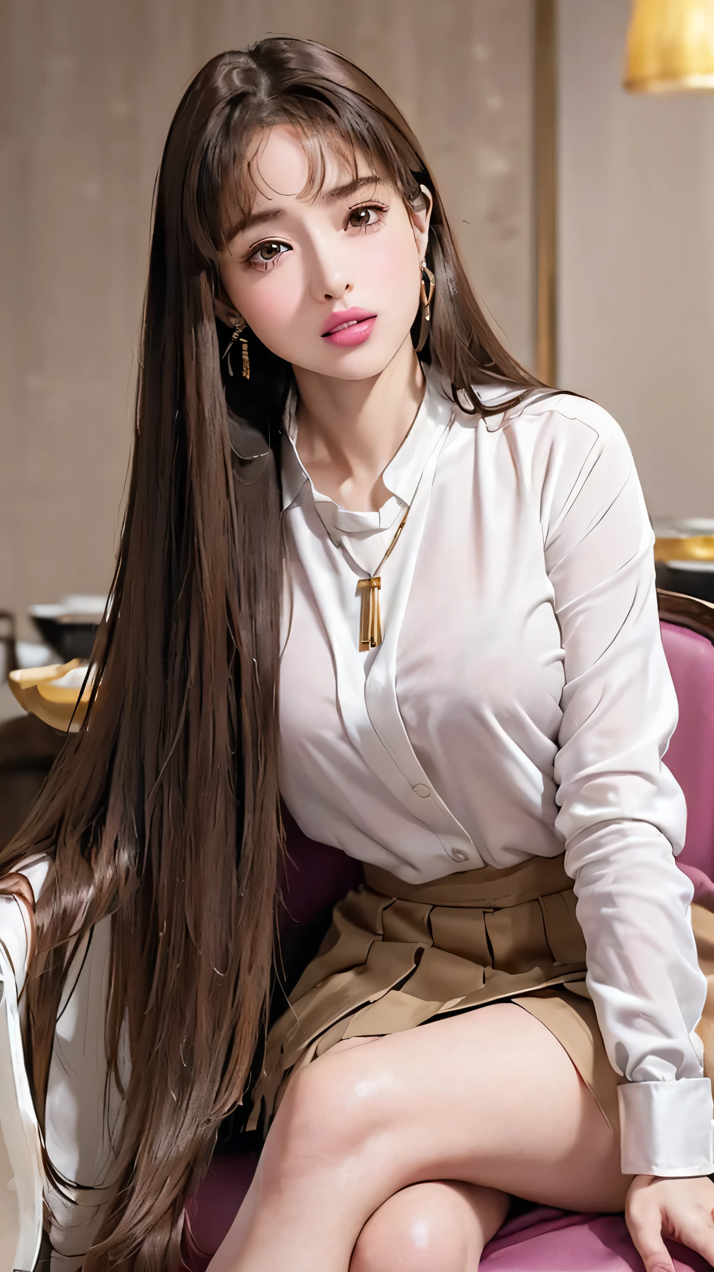 (8k, RAW photos , best quality, masterpiece: 1.2)、 High image quality、 Sexy Fashion Girls、 Full Body Photos 、((Medium sized breasts:1.4))、(( straight hair:1.6))、cute smile and blush 、 Friendly Scenery 、 bright light、Unusual Light、 Very detailed、 natural colored lips、 lip gloss 、 heavy eye makeup 、 has long eyelashes、( SEXY POSES :1.2)、(Gorgeous design:1.2)、( Blurred Background 、 movie lighting、professional photographer)、((white long sleeve button up blouse with big ribbon tie_blue flared mini skirt))((Super long brown hair reaching to her knees:1.4)),((gold necklace_Large earrings:1.2))((Sits on a bar chair In a crowded café at dusk:1.3))((asymmetrical bangs_hair over one eye:1.5))((Sitting elegantly with crossed legs:1.5))((lovelorn_tears:1.3))((Lying in a luxurious hotel bed:1.3)), sleeps on its back