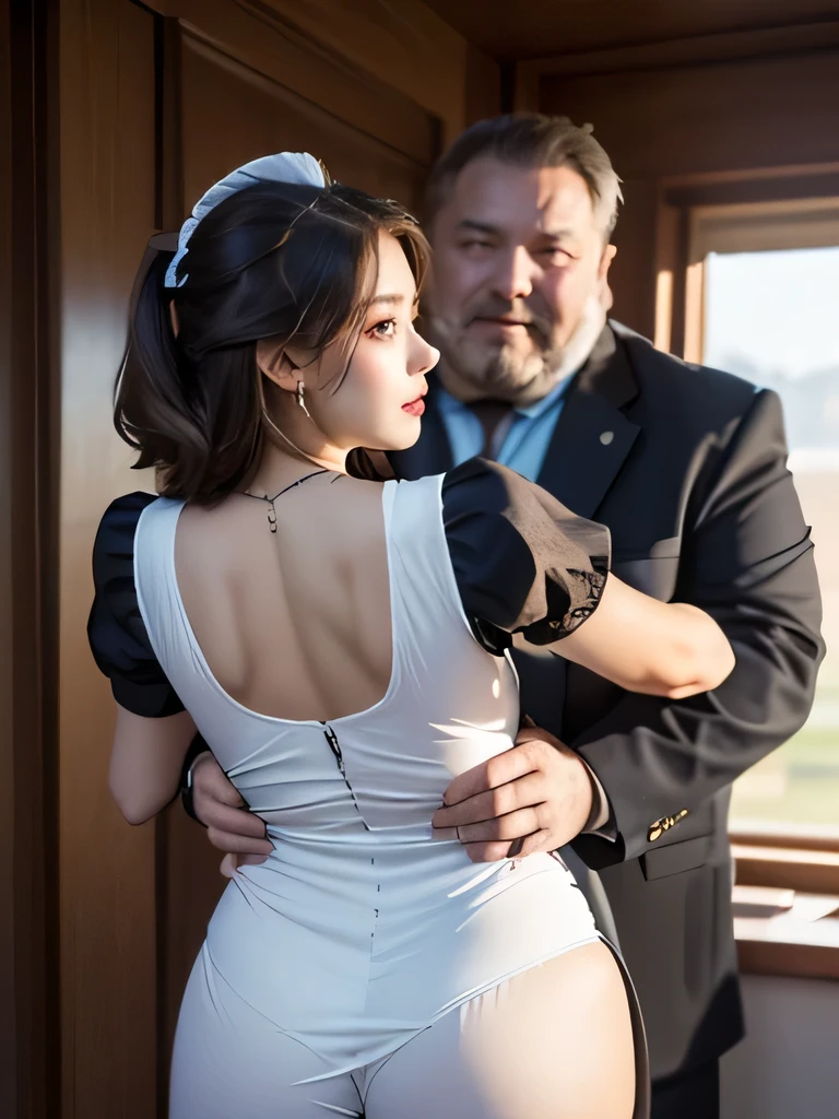 ((( best quality))), ((masterpiece)), (   Details), ((  18 year old woman with male arms and 60 year old man  )), ((((((A girl wearing a maid suit is a fat middle-aged man)))))),((( firm stomach,細身の体))),(( camel toe,Camel hoof)), ((  glowing skin ,  white skin)), Mysterious Light, ((((   Angle that captures the face and whole body   )))), (((  well-prepared face))), ((Big Eyes)), ((((((Droopy eyes)))))), ((  View from the back of the  )), ((((  accurate anatomy )))),   Completely-valid ,  eyeshadow,  earrings for a woman alone,  Necklaces  ,  woman is standing facing front  ,((( man is standing behind woman  ))),  man is holding woman from behind ,  man touching woman's chest ,