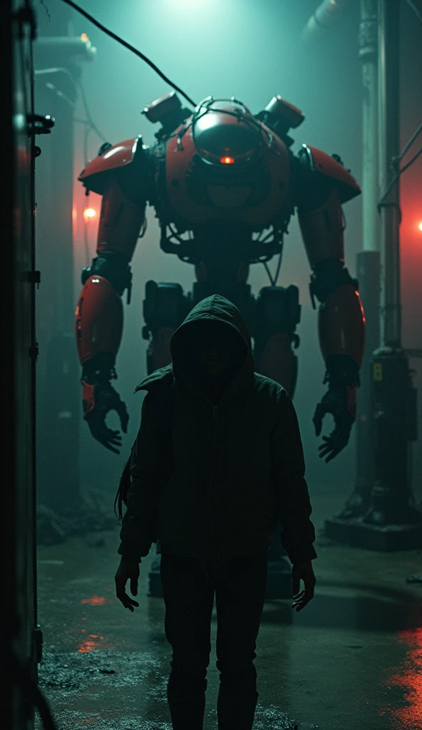 
there is a cyborg in a gas mask and a gas mask on his face and have metallic orange grunge side with plainte cables connected to his face, the scene is very sad , style blend of hideo kojima, craig mullins style, cinematic beeple, sci-fi cinematic movie still, postapocalyptic vibes, detailed atmospheric and gritty, cinematic scifi  sentirs shot, knights templar in a space suit, dramatic sci-fi movie still, sci-fi film color palette, the cyborg should be by back for our point of view,je should stand  in front of a huge metal cable giant with illuminated eyes,he should be destopyc giant machines,in a nearly destroyed city