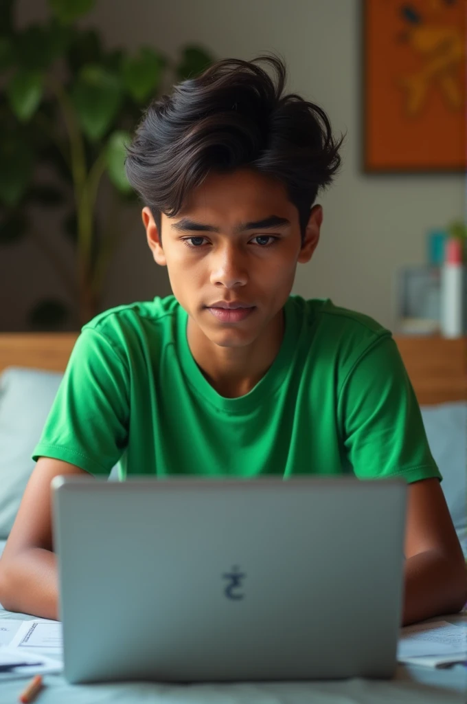 A boy head down on a stydy table with laptop and boy was sleep . The angel of boy is back side . Dark room and only the laptop's light comes .