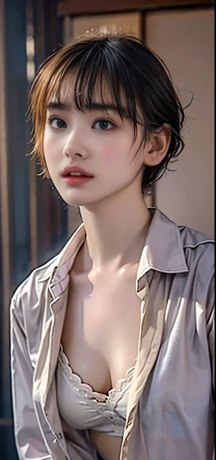 masterpiece,  best quality, 8k, Photographically,  High Definition  , 1 female, Alone,  watch viewers , ( detail face ), blonde alone、((Fully open shirt))、 super beautiful woman 、 erotic short hair 、 Do it 、  jewelry、Beautiful breasts with firmness and softly facing upward、  sexy expression 、  real skin 、 realistic face, cheeks blushing 