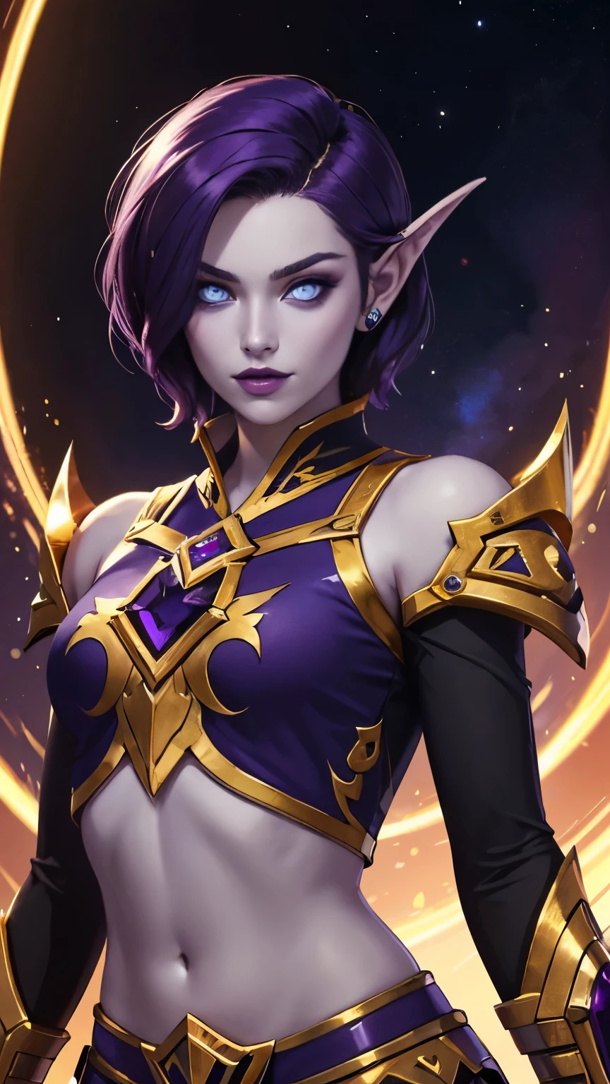 (8K, highest quality, masterpiece:1.2), High resolution, masterpiece, break, beautiful woman, beautifully mouth, highly beautiful eyes and face, beautiful fine eyes, upper body, slim body, 20 years old girl, (1girl, purple hair, short hair, spiral eyes, lustful eye, purple lip, smirk) (digital) (looking at viewer), (Celestial Spaces background)), best quality, blue eyes, pointy ears, colored skin, blue skin, purple shoulderpads, gold trim on the shoulderpads, dark Purple shirt:1.3, cloth shirt, black Sleeves:1.2, crop top, navel, gold trim on shirt, voidelf