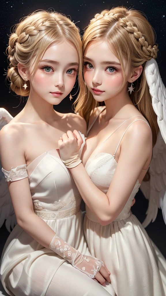 (NSFW:1.1), 3 girls:1.3、top-quality、From below、Succubus disguised as a white angel、Full body、Cute little girl、Innocent face、Seductive face、Welcome viewers、Hands reminiscent of sexual skills、Look at viewers、half-opened mouth、Attractive proportions、White and very erotic fake angel clothes、White hair, Red-illuminated eyes:0.6, Deities々Lighting、chies, Tempting charm and seduction、False Pure