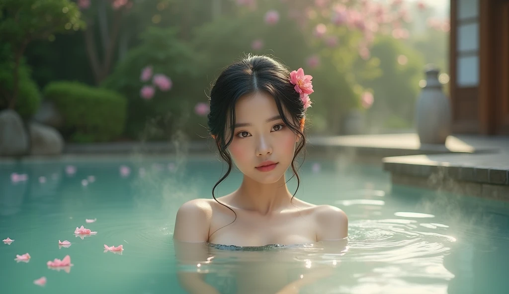 (photoréaliste: 1.4), une femme chinoise portant un bandeau ventrale, beau visage, sereinement, avec les cheveux longs prend un bain, peau mouillée , gouttes d'eau sur la peau, fleurs de lotus, eau claire,