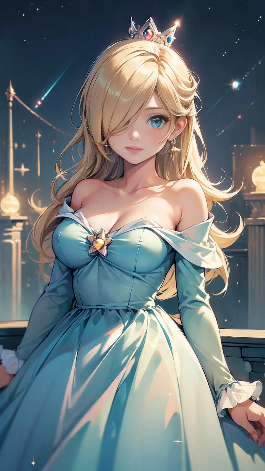 ((((masterpiece, best quality ,Ultra delicate, 16k,high resolution,solo)))),princesa rosalina, blue dress, big breasts, adult body, starry sky, semblante angelical
,smile