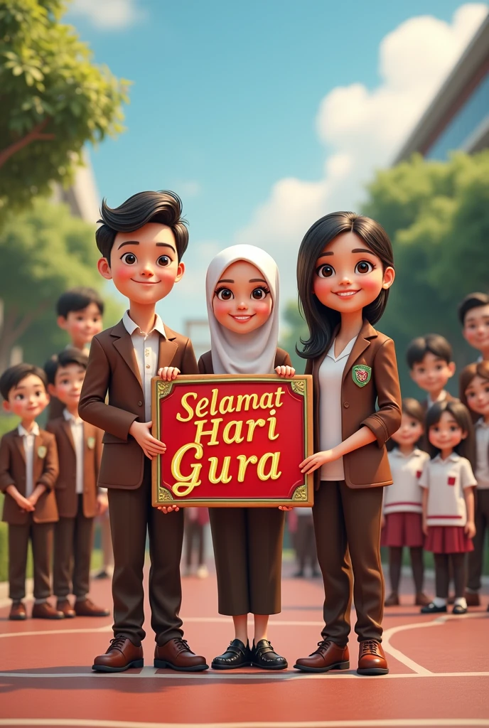 3D image of SMAN 1 MUNTILAN with students who look smart and dashing. The school is visible with the words SMAN 1 MUNTILAN with sexy girls wearing hijab and the school looks spacious.
