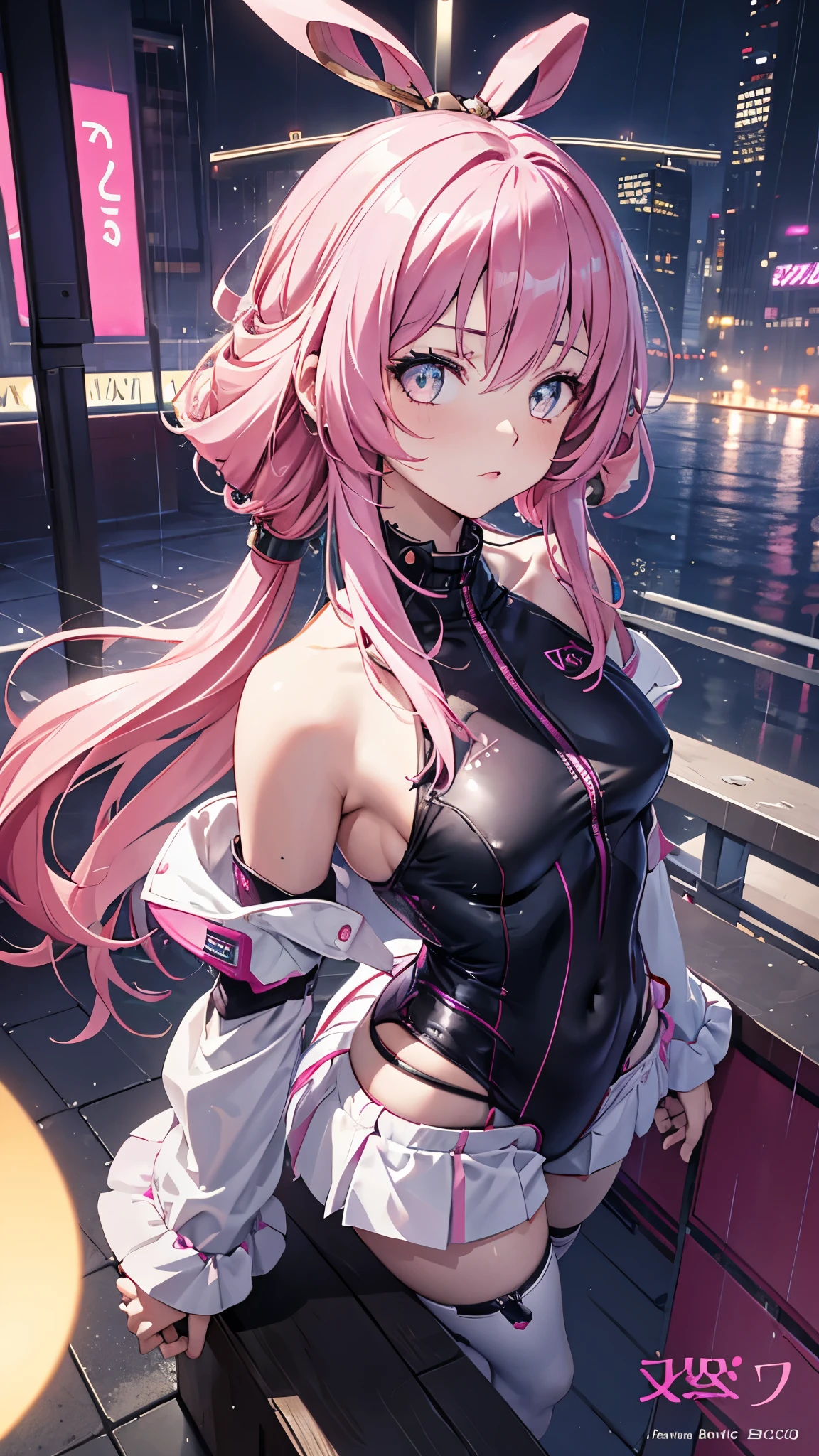 portrait,  1 girl,  pretty face ,  asymmetrical hair,  pink hair, happy，Charm，sash,  Bodysuit , Cover your mouth,  cover navel ,  separated sleeve ,  grey eyes ,  hip vent , Slit Jacket,  charming,  watching the audience, Night City, neon, rain,