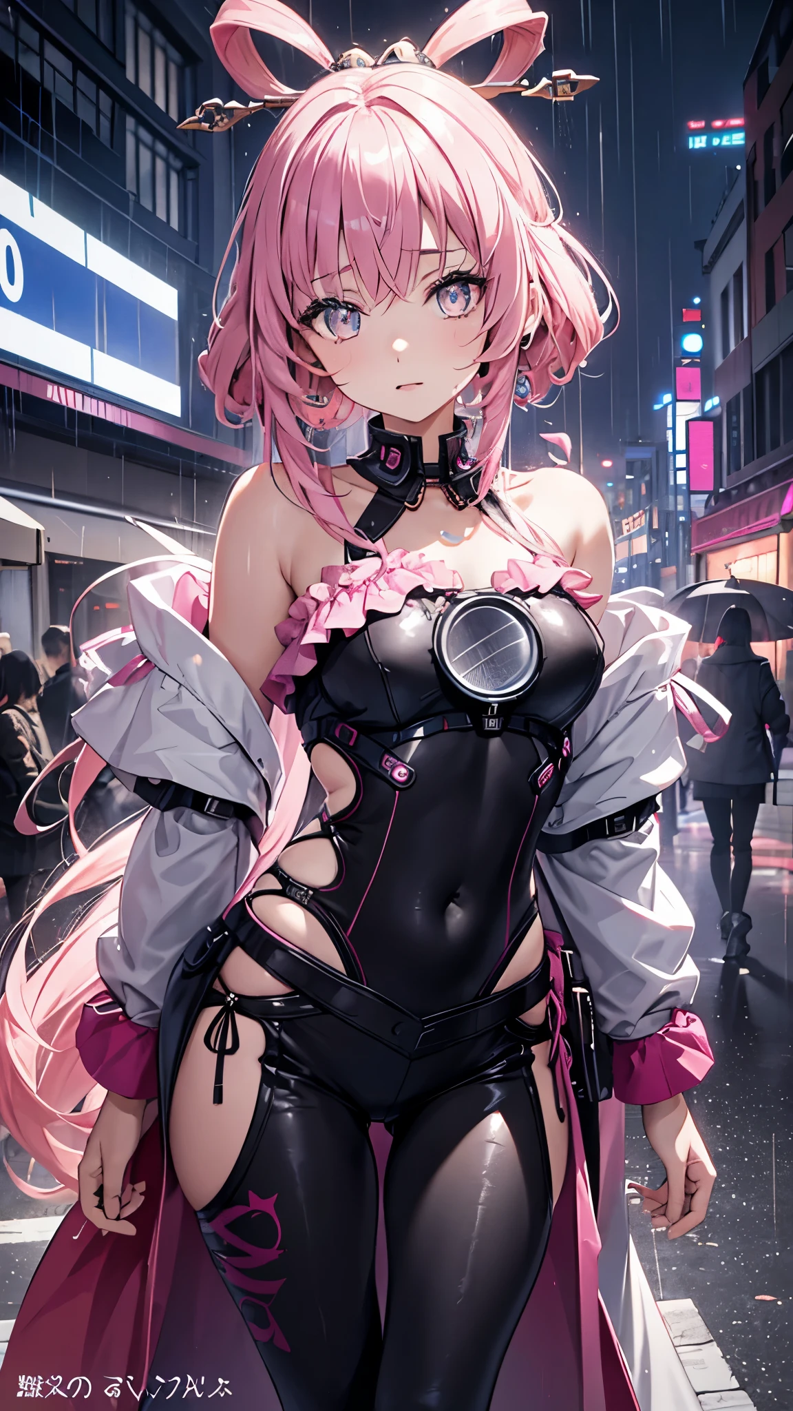 portrait,  1 girl,  pretty face ,  asymmetrical hair,  pink hair, happy，Charm，sash,  Bodysuit , Cover your mouth,  cover navel ,  separated sleeve ,  grey eyes ,  hip vent , Slit Jacket,  charming,  watching the audience, Night City, neon, rain,