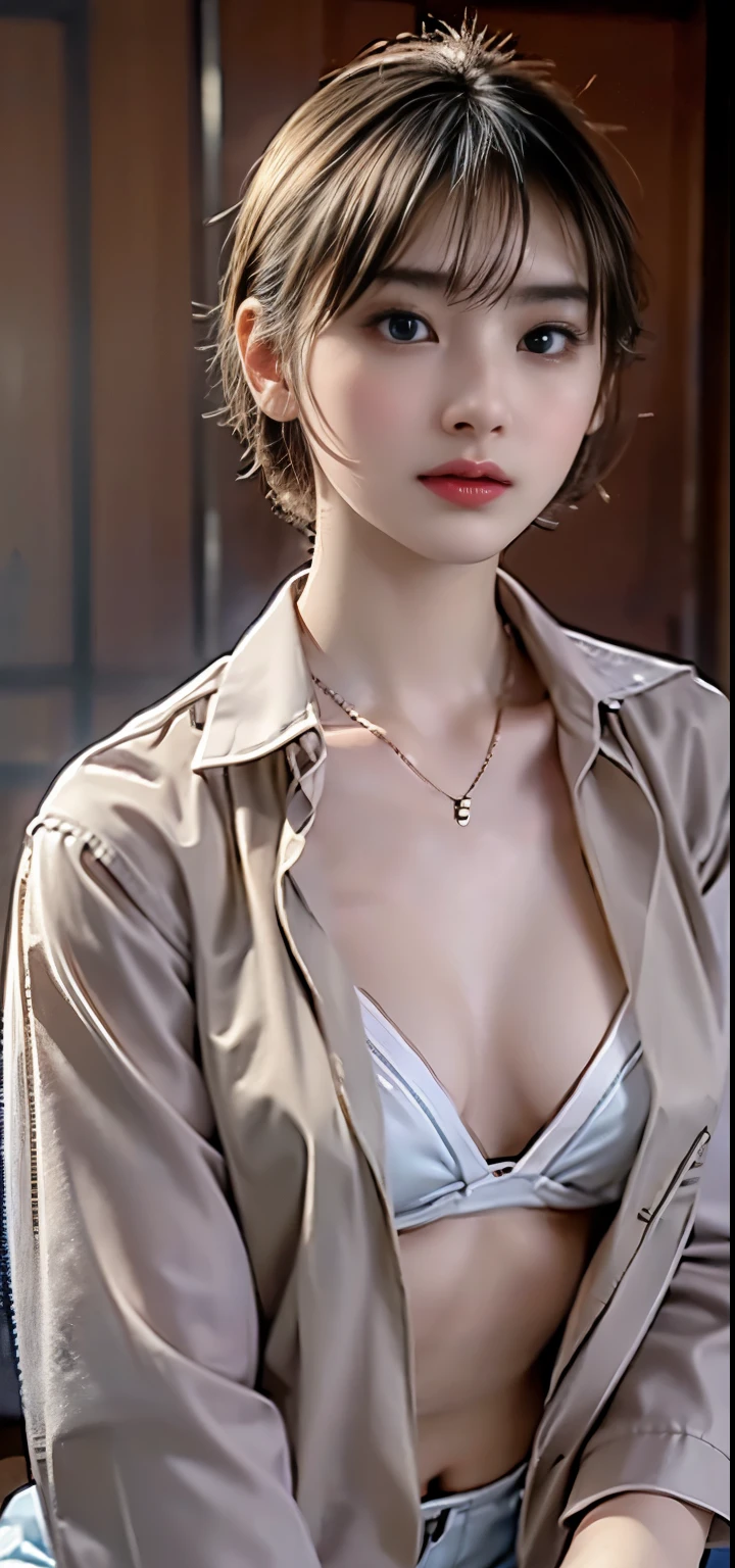 masterpiece,  best quality, 8k, Photographically,  high definition , 1 female, Alone,  watch viewers , ( detail face ), blonde alone、((Fully open shirt))、 super beautiful woman 、 erotic short hair 、 Do it 、  jewelry、Beautiful breasts with firmness and softly facing upward、  sexy expression 、  real skin 、 realistic face, cheeks blushing 